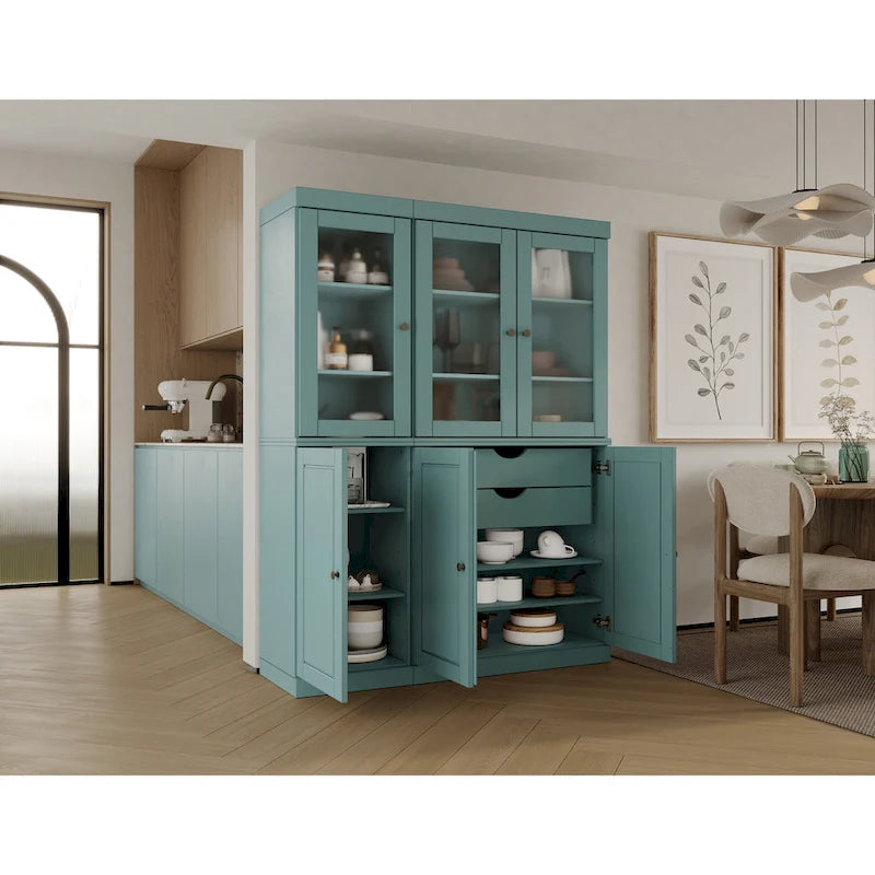 Palace Imports Vaisselier/Garde-manger 100% Bois Massif de 123 cm avec Verre Dépoli, Portes en Bois Massif et 2 Tiroirs