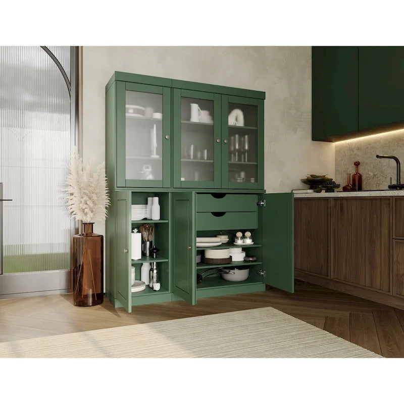 Palace Imports Vaisselier/Garde-manger 100% Bois Massif de 123 cm avec Verre Dépoli, Portes en Bois Massif et 2 Tiroirs