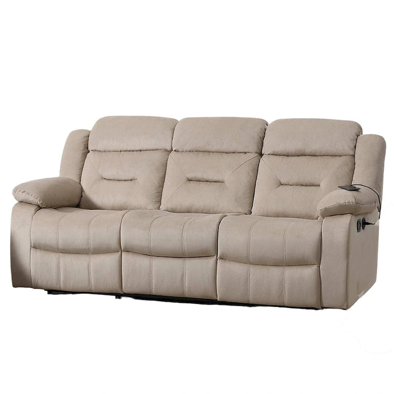 Canapé relax manuel Niko, Velours beige pelucheux, Bois massif, 211 cm