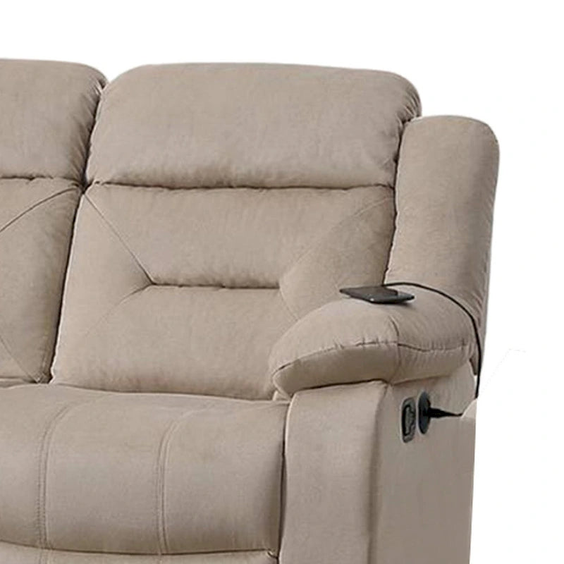 Canapé relax manuel Niko, Velours beige pelucheux, Bois massif, 211 cm