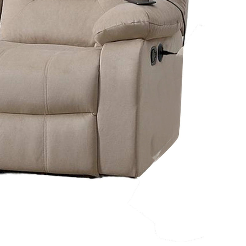 Canapé relax manuel Niko, Velours beige pelucheux, Bois massif, 211 cm