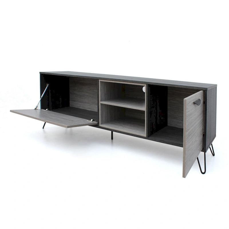 Meuble console TV et multimédia Alfie, 2 étagères, gris 180 cm
