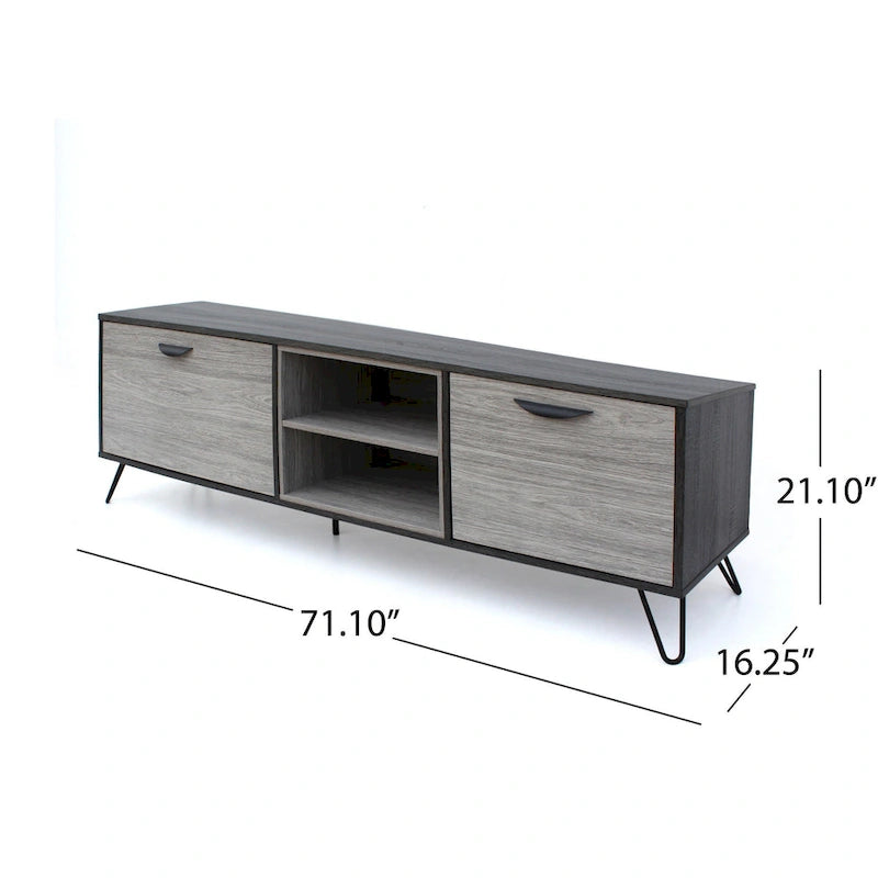 Meuble console TV et multimédia Alfie, 2 étagères, gris 180 cm