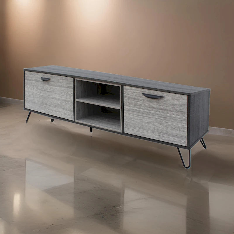 Meuble console TV et multimédia Alfie, 2 étagères, gris 180 cm