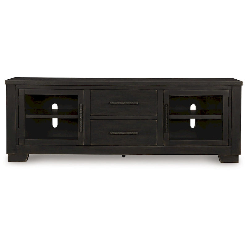 Meuble TV grand modèle Galli, 2 tiroirs, 4 étagères, bois noir, 203 cm
