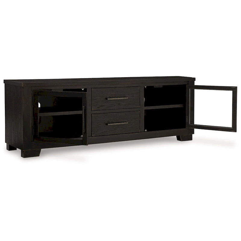 Meuble TV grand modèle Galli, 2 tiroirs, 4 étagères, bois noir, 203 cm