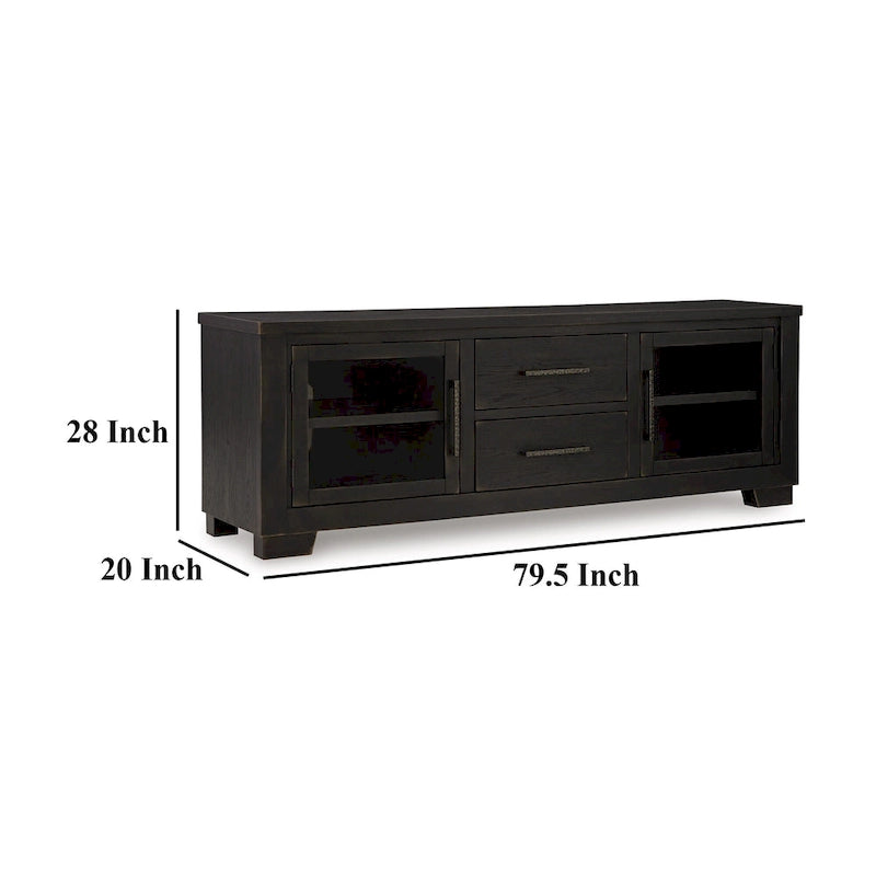 Meuble TV grand modèle Galli, 2 tiroirs, 4 étagères, bois noir, 203 cm