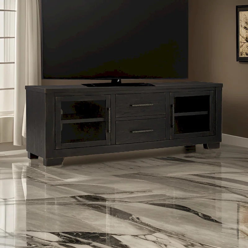 Meuble TV grand modèle Galli, 2 tiroirs, 4 étagères, bois noir, 203 cm