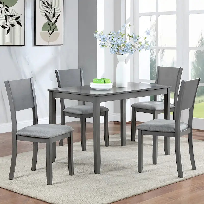 Ensemble table et chaises de salle à manger 5 pièces, table à manger rectangulaire en bois avec 4 chaises rembourrées à dossier haut et 1 banc