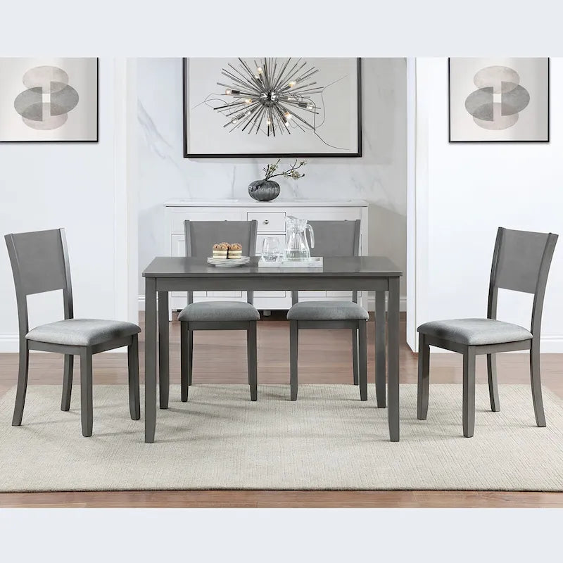 Ensemble table et chaises de salle à manger 5 pièces, table à manger rectangulaire en bois avec 4 chaises rembourrées à dossier haut et 1 banc