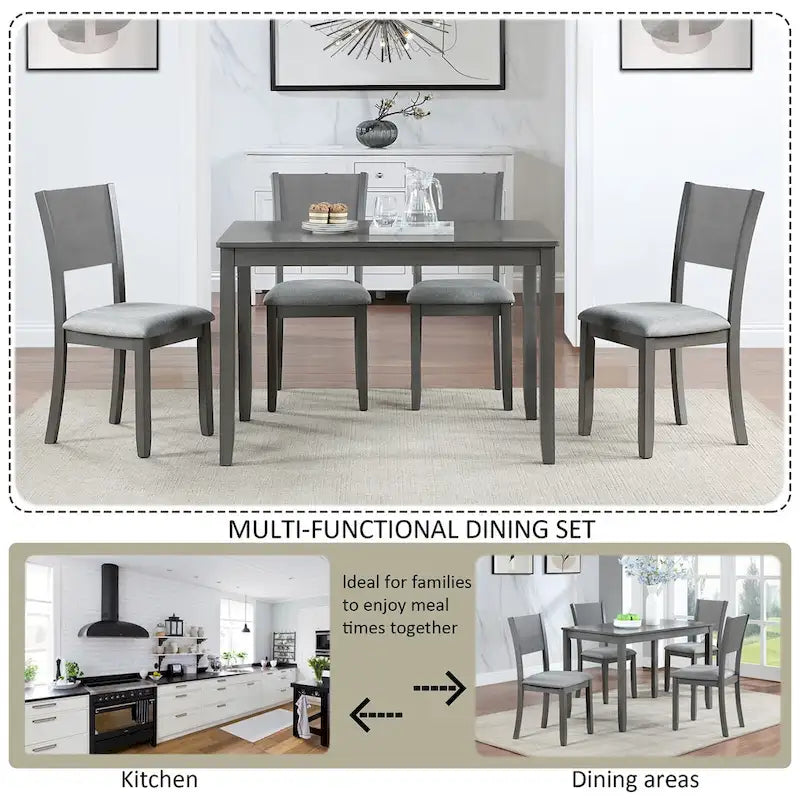 Ensemble table et chaises de salle à manger 5 pièces, table à manger rectangulaire en bois avec 4 chaises rembourrées à dossier haut et 1 banc