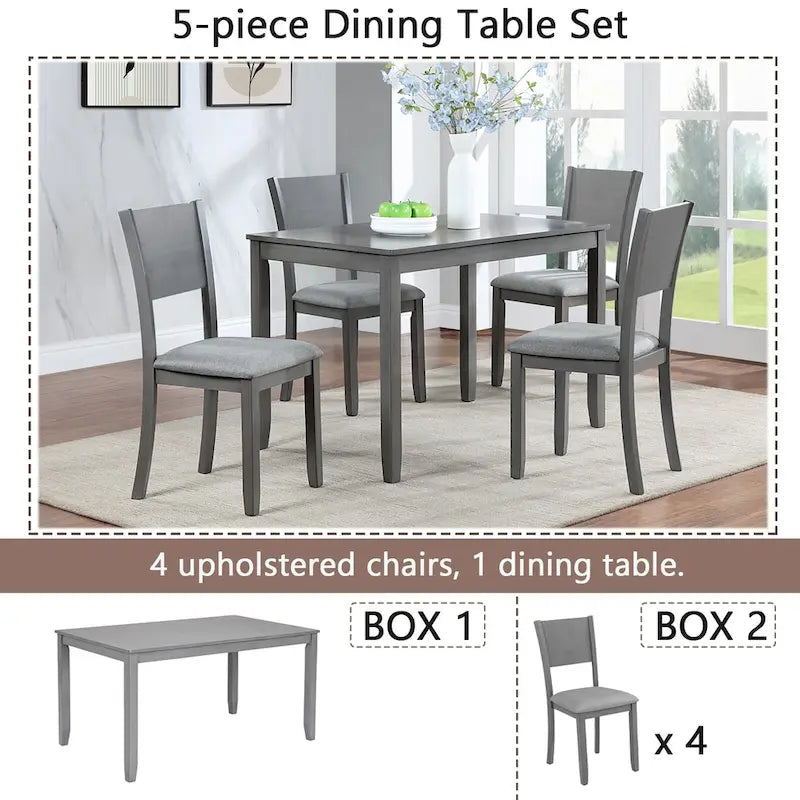 Ensemble table et chaises de salle à manger 5 pièces, table à manger rectangulaire en bois avec 4 chaises rembourrées à dossier haut et 1 banc