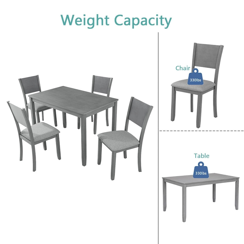 Ensemble table et chaises de salle à manger 5 pièces, table à manger rectangulaire en bois avec 4 chaises rembourrées à dossier haut et 1 banc