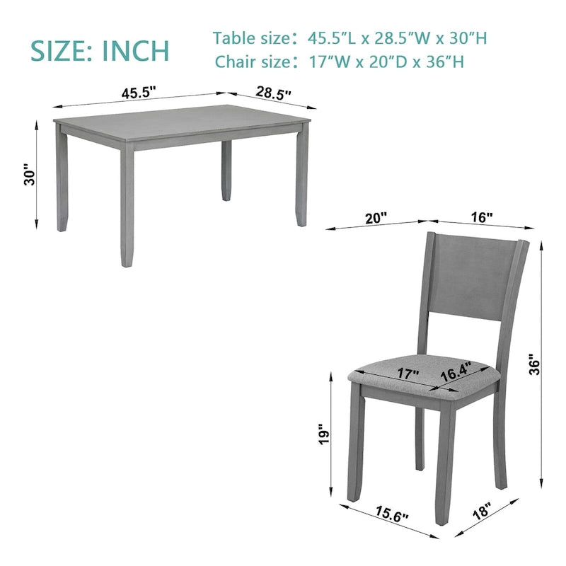 Ensemble table et chaises de salle à manger 5 pièces, table à manger rectangulaire en bois avec 4 chaises rembourrées à dossier haut et 1 banc