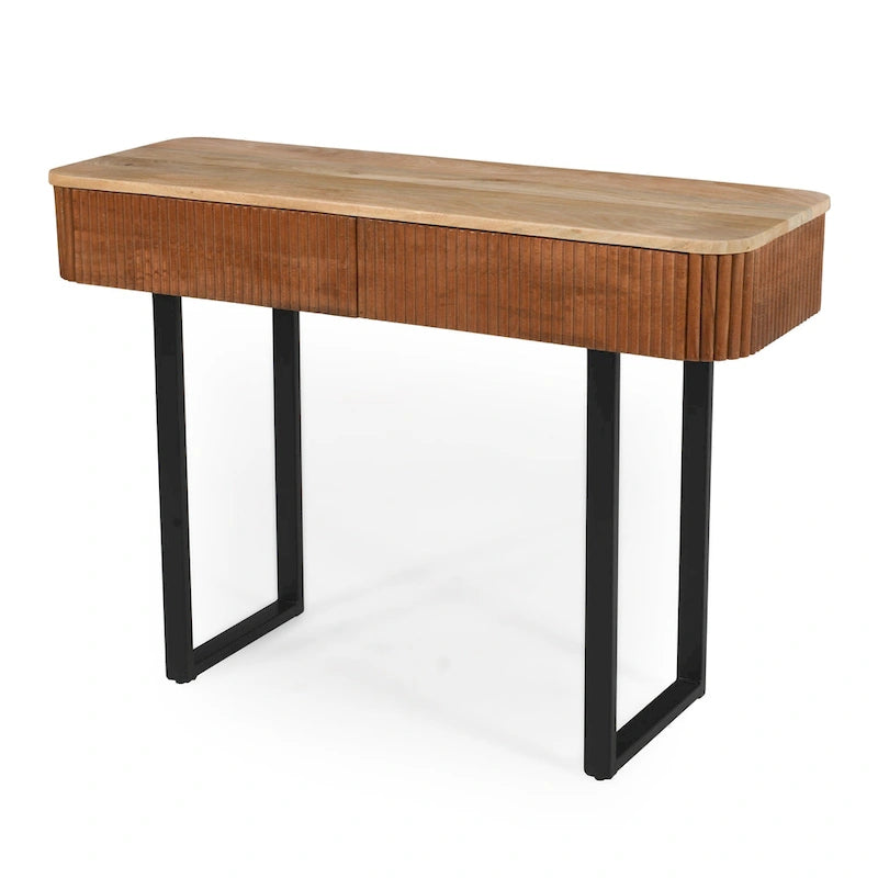 Console d'entrée moderne en bois massif avec motif cannelé et rangement