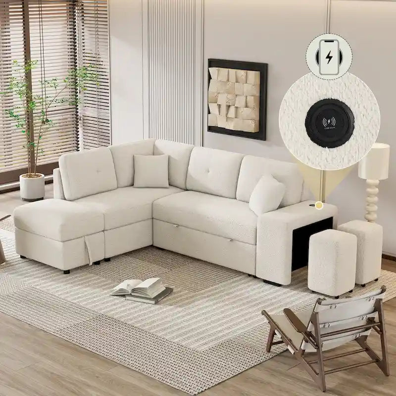 Canapé d'angle convertible Roomfitters avec pouf de rangement, deux coussins décoratifs, deux tabourets, chargeur sans fil
