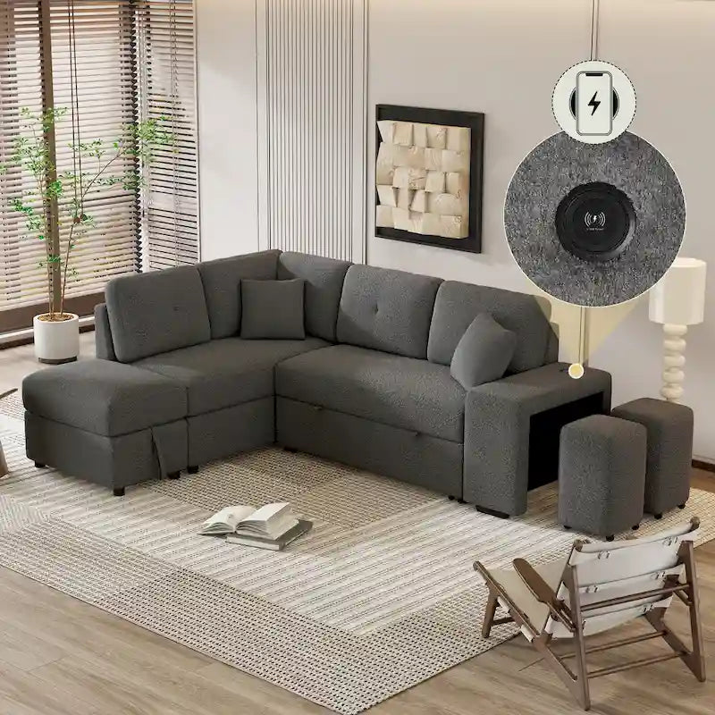 Canapé d'angle convertible Roomfitters avec pouf de rangement, deux coussins décoratifs, deux tabourets, chargeur sans fil