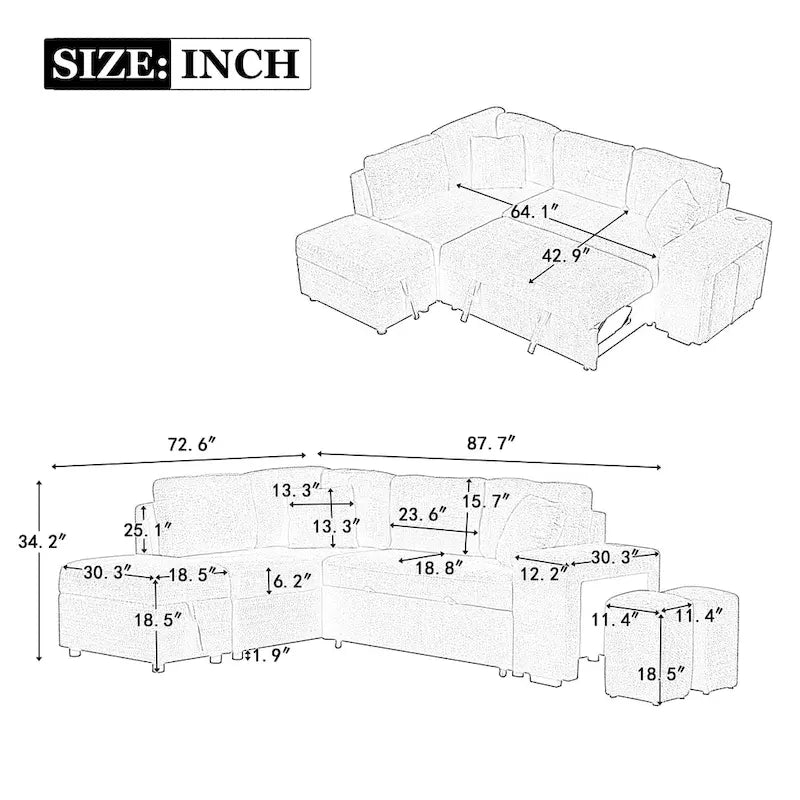 Canapé d'angle convertible Roomfitters avec pouf de rangement, deux coussins décoratifs, deux tabourets, chargeur sans fil