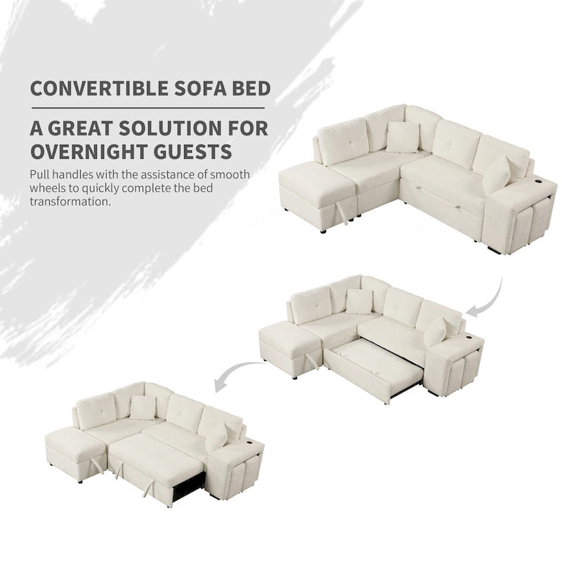 Canapé d'angle convertible Roomfitters avec pouf de rangement, deux coussins décoratifs, deux tabourets, chargeur sans fil