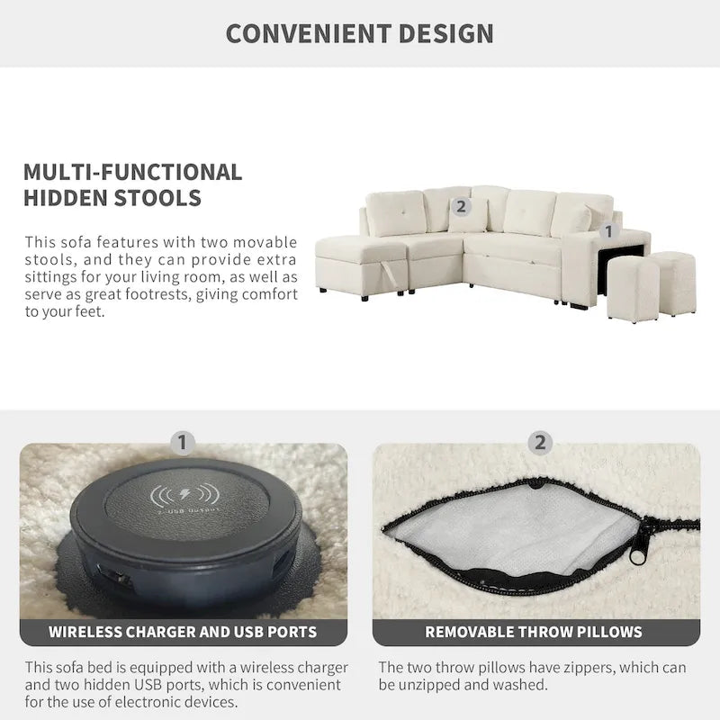 Canapé d'angle convertible Roomfitters avec pouf de rangement, deux coussins décoratifs, deux tabourets, chargeur sans fil