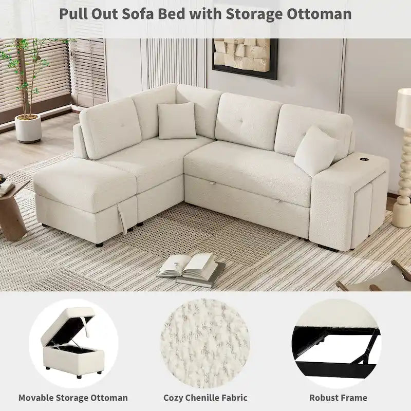 Canapé d'angle convertible Roomfitters avec pouf de rangement, deux coussins décoratifs, deux tabourets, chargeur sans fil