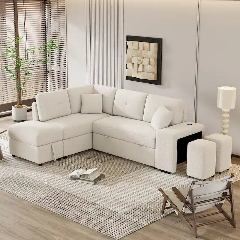 Canapé d'angle convertible Roomfitters avec pouf de rangement, deux coussins décoratifs, deux tabourets, chargeur sans fil