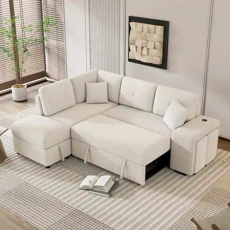 Canapé d'angle convertible Roomfitters avec pouf de rangement, deux coussins décoratifs, deux tabourets, chargeur sans fil