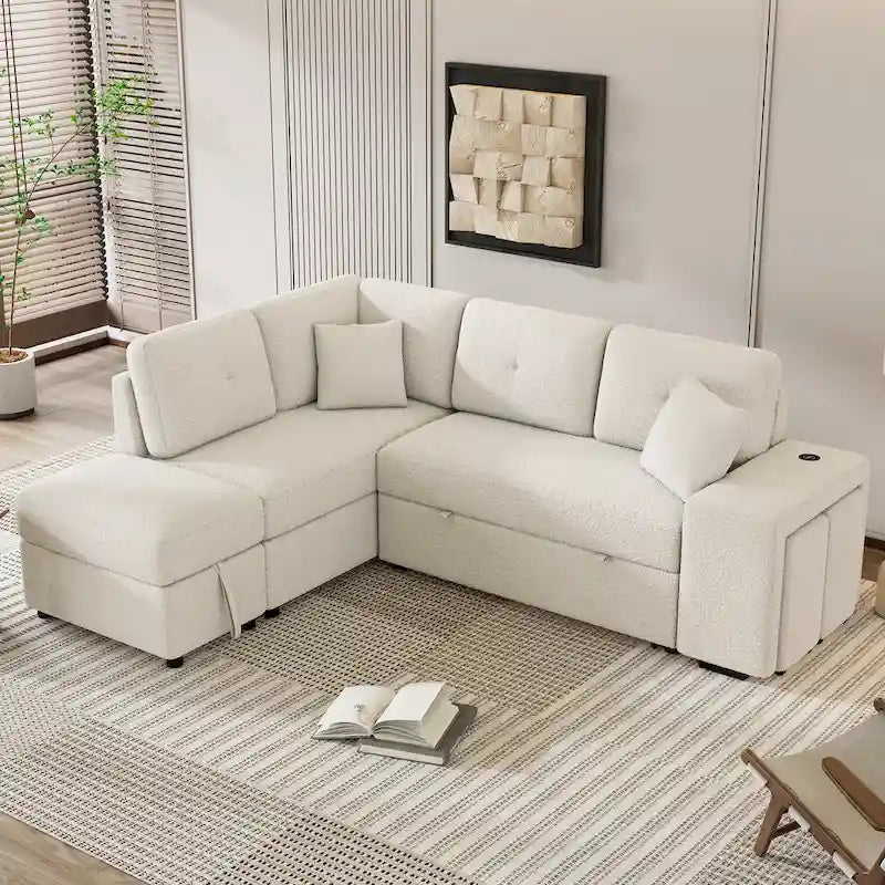 Canapé d'angle convertible Roomfitters avec pouf de rangement, deux coussins décoratifs, deux tabourets, chargeur sans fil