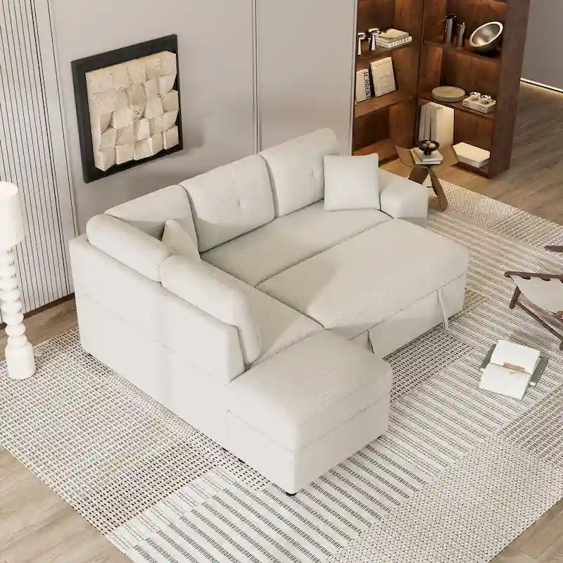 Canapé d'angle convertible Roomfitters avec pouf de rangement, deux coussins décoratifs, deux tabourets, chargeur sans fil