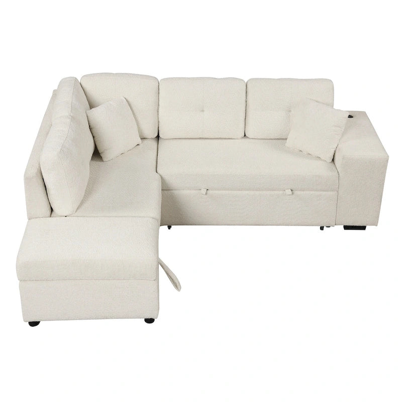 Canapé d'angle convertible Roomfitters avec pouf de rangement, deux coussins décoratifs, deux tabourets, chargeur sans fil