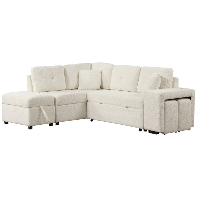 Canapé d'angle convertible Roomfitters avec pouf de rangement, deux coussins décoratifs, deux tabourets, chargeur sans fil