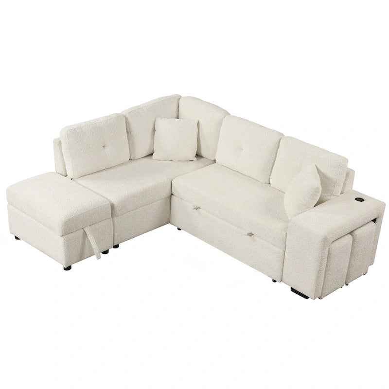 Canapé d'angle convertible Roomfitters avec pouf de rangement, deux coussins décoratifs, deux tabourets, chargeur sans fil