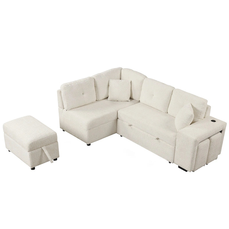 Canapé d'angle convertible Roomfitters avec pouf de rangement, deux coussins décoratifs, deux tabourets, chargeur sans fil