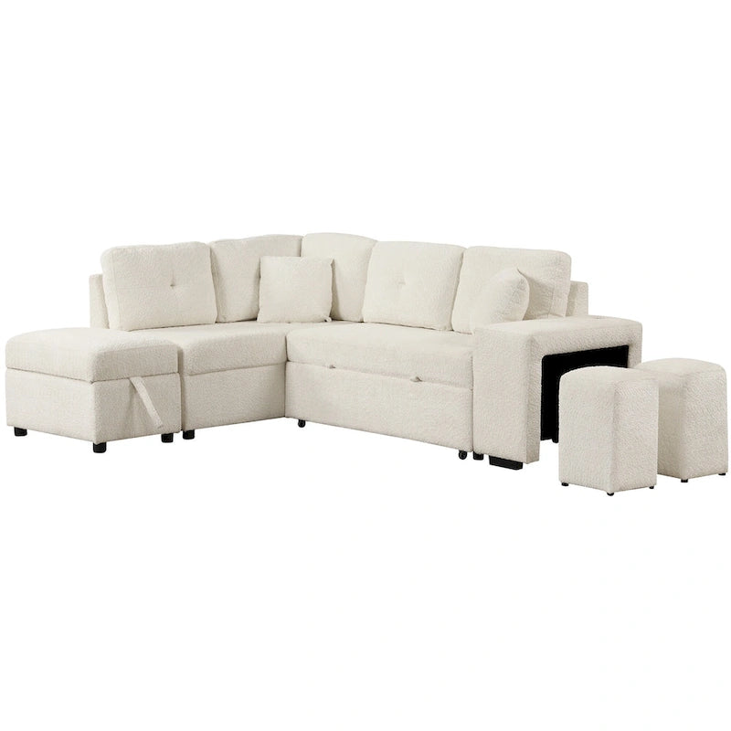 Canapé d'angle convertible Roomfitters avec pouf de rangement, deux coussins décoratifs, deux tabourets, chargeur sans fil