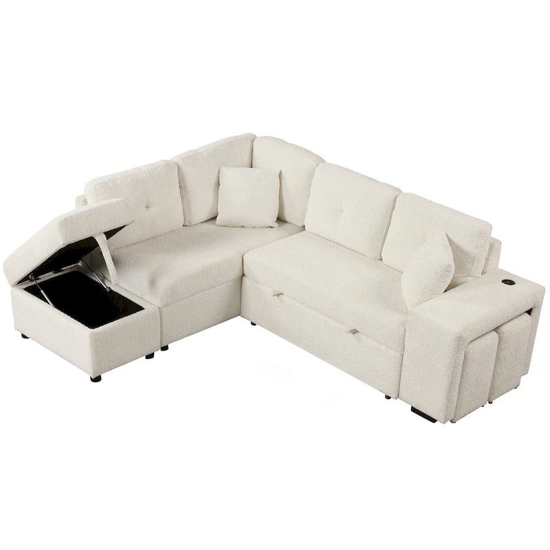 Canapé d'angle convertible Roomfitters avec pouf de rangement, deux coussins décoratifs, deux tabourets, chargeur sans fil