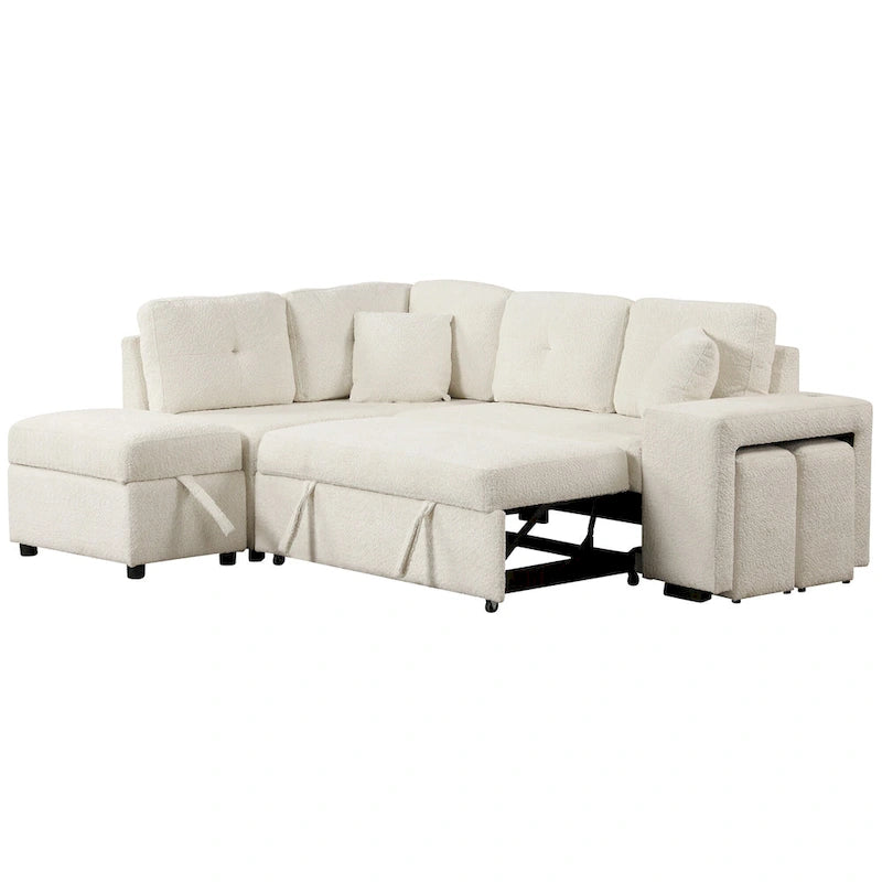 Canapé d'angle convertible Roomfitters avec pouf de rangement, deux coussins décoratifs, deux tabourets, chargeur sans fil