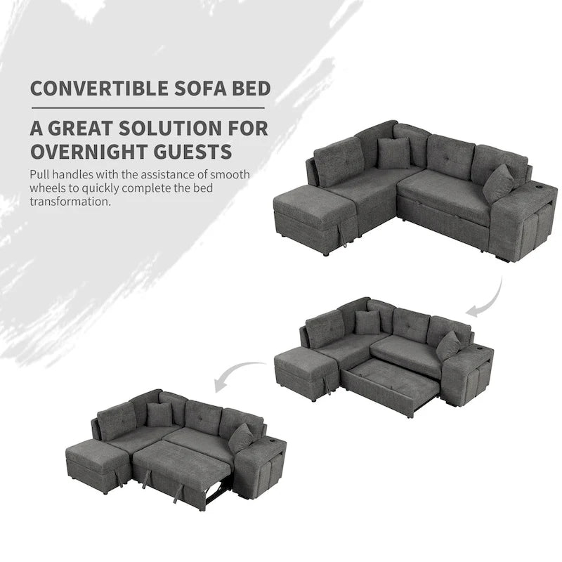 Canapé d'angle convertible Roomfitters avec pouf de rangement, deux coussins décoratifs, deux tabourets, chargeur sans fil