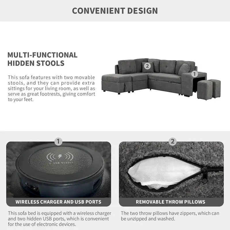 Canapé d'angle convertible Roomfitters avec pouf de rangement, deux coussins décoratifs, deux tabourets, chargeur sans fil