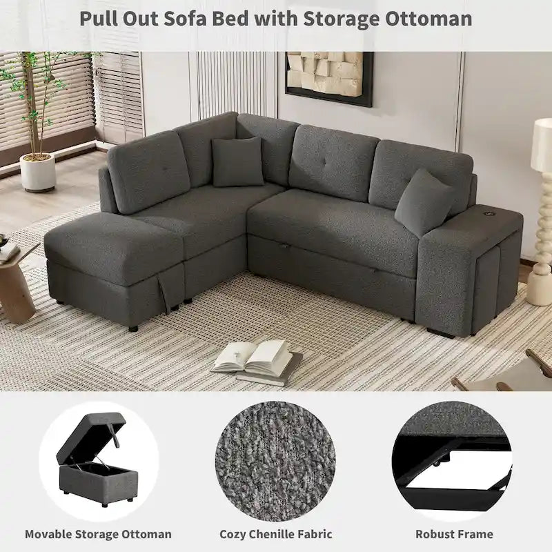 Canapé d'angle convertible Roomfitters avec pouf de rangement, deux coussins décoratifs, deux tabourets, chargeur sans fil