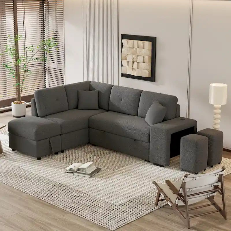 Canapé d'angle convertible Roomfitters avec pouf de rangement, deux coussins décoratifs, deux tabourets, chargeur sans fil