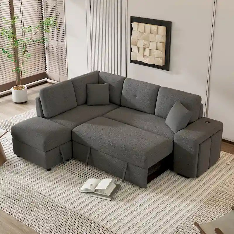 Canapé d'angle convertible Roomfitters avec pouf de rangement, deux coussins décoratifs, deux tabourets, chargeur sans fil