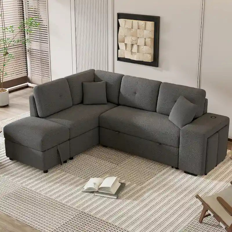 Canapé d'angle convertible Roomfitters avec pouf de rangement, deux coussins décoratifs, deux tabourets, chargeur sans fil