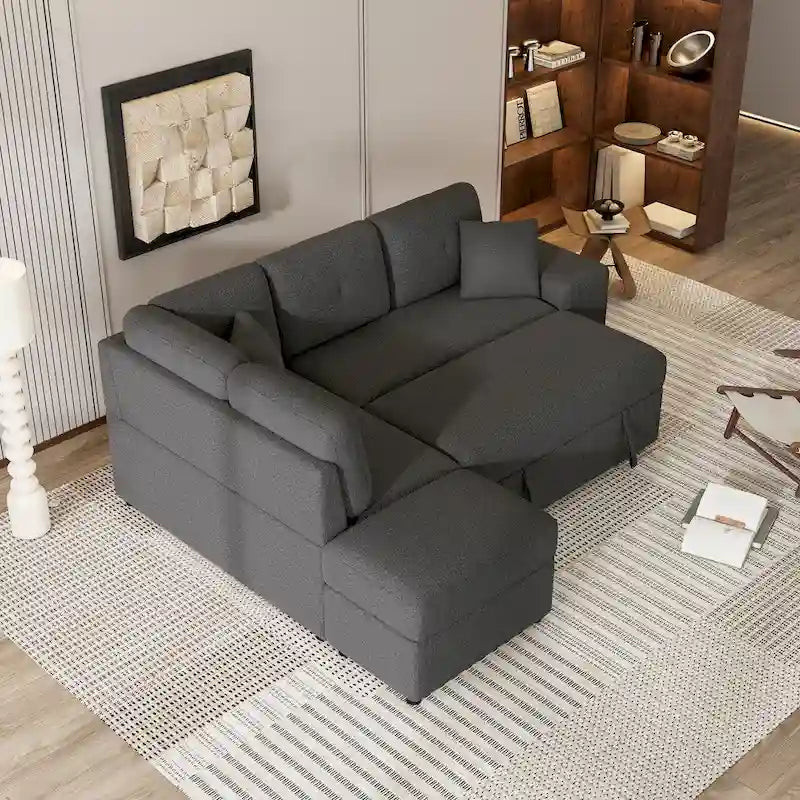 Canapé d'angle convertible Roomfitters avec pouf de rangement, deux coussins décoratifs, deux tabourets, chargeur sans fil
