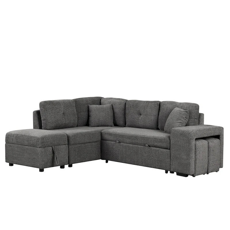 Canapé d'angle convertible Roomfitters avec pouf de rangement, deux coussins décoratifs, deux tabourets, chargeur sans fil