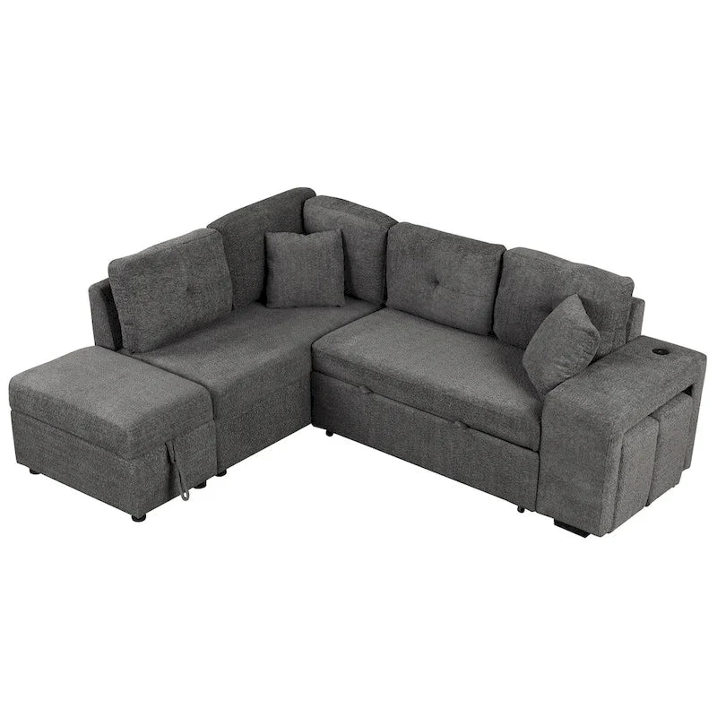 Canapé d'angle convertible Roomfitters avec pouf de rangement, deux coussins décoratifs, deux tabourets, chargeur sans fil