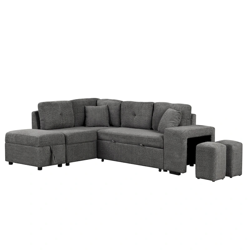 Canapé d'angle convertible Roomfitters avec pouf de rangement, deux coussins décoratifs, deux tabourets, chargeur sans fil