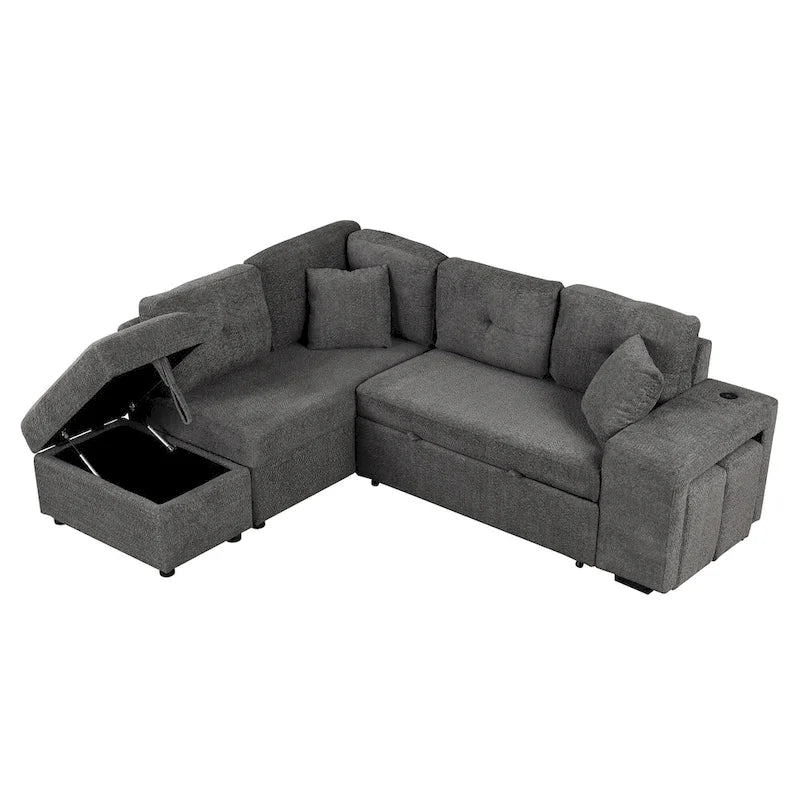 Canapé d'angle convertible Roomfitters avec pouf de rangement, deux coussins décoratifs, deux tabourets, chargeur sans fil