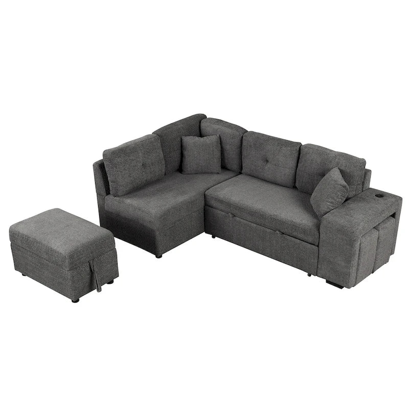 Canapé d'angle convertible Roomfitters avec pouf de rangement, deux coussins décoratifs, deux tabourets, chargeur sans fil