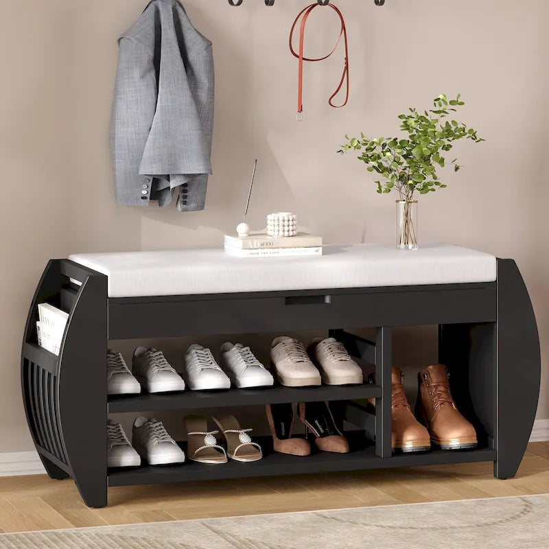 Banc de rangement pour chaussures avec coussin et côté incurvé