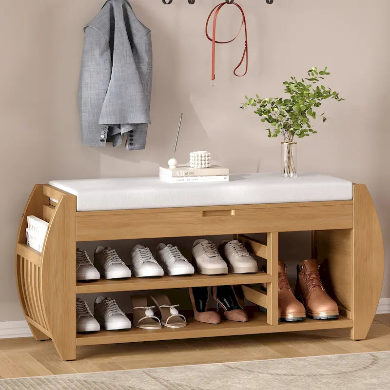 Banc de rangement pour chaussures avec coussin et côté incurvé